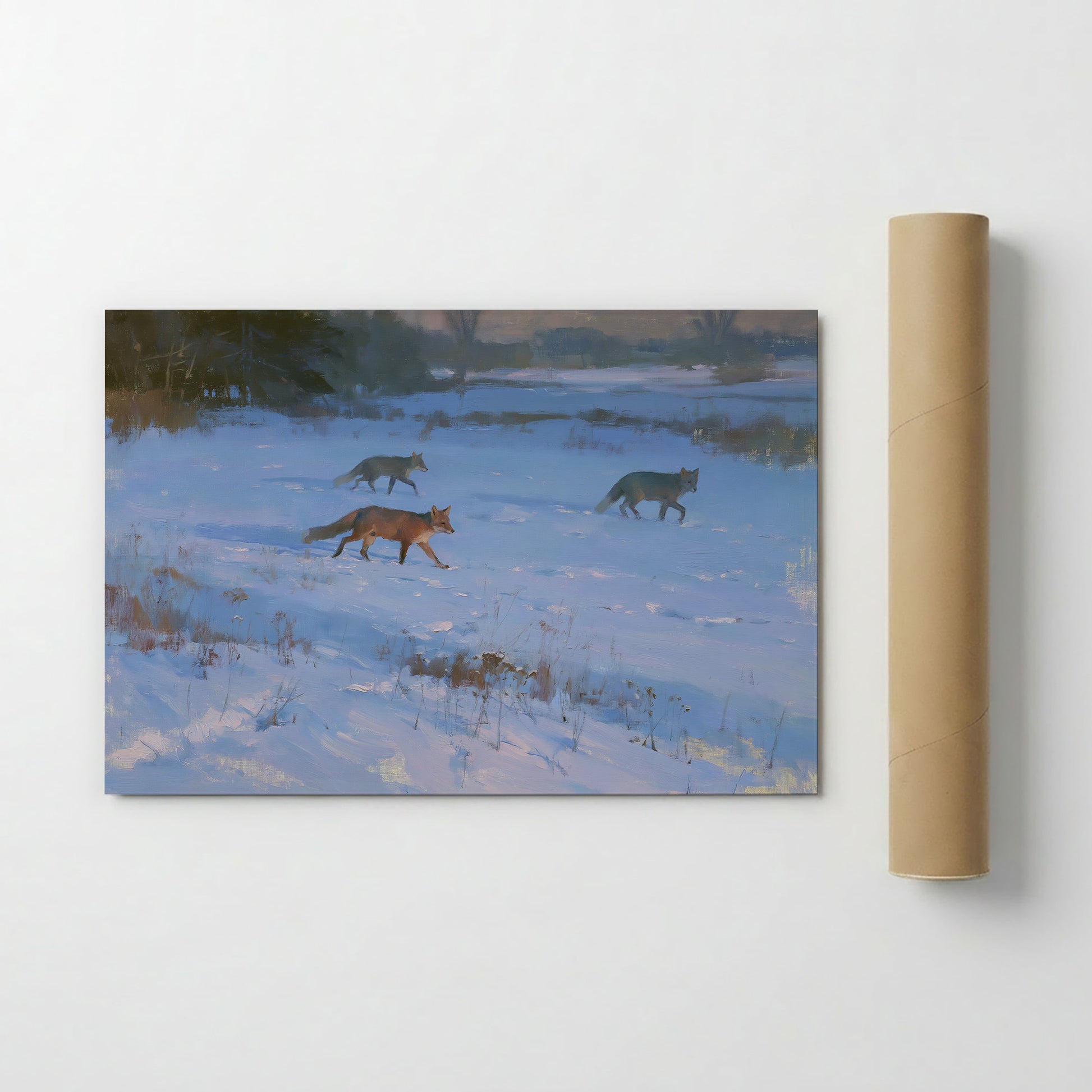 A painting of three foxes walking through a snowy field, with a tube of paper on the right side of the frame.