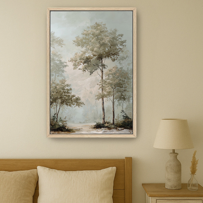 a serene bedroom scene with a large painting of a forest landscape hanging on the wall above a bed with a wooden headboard.