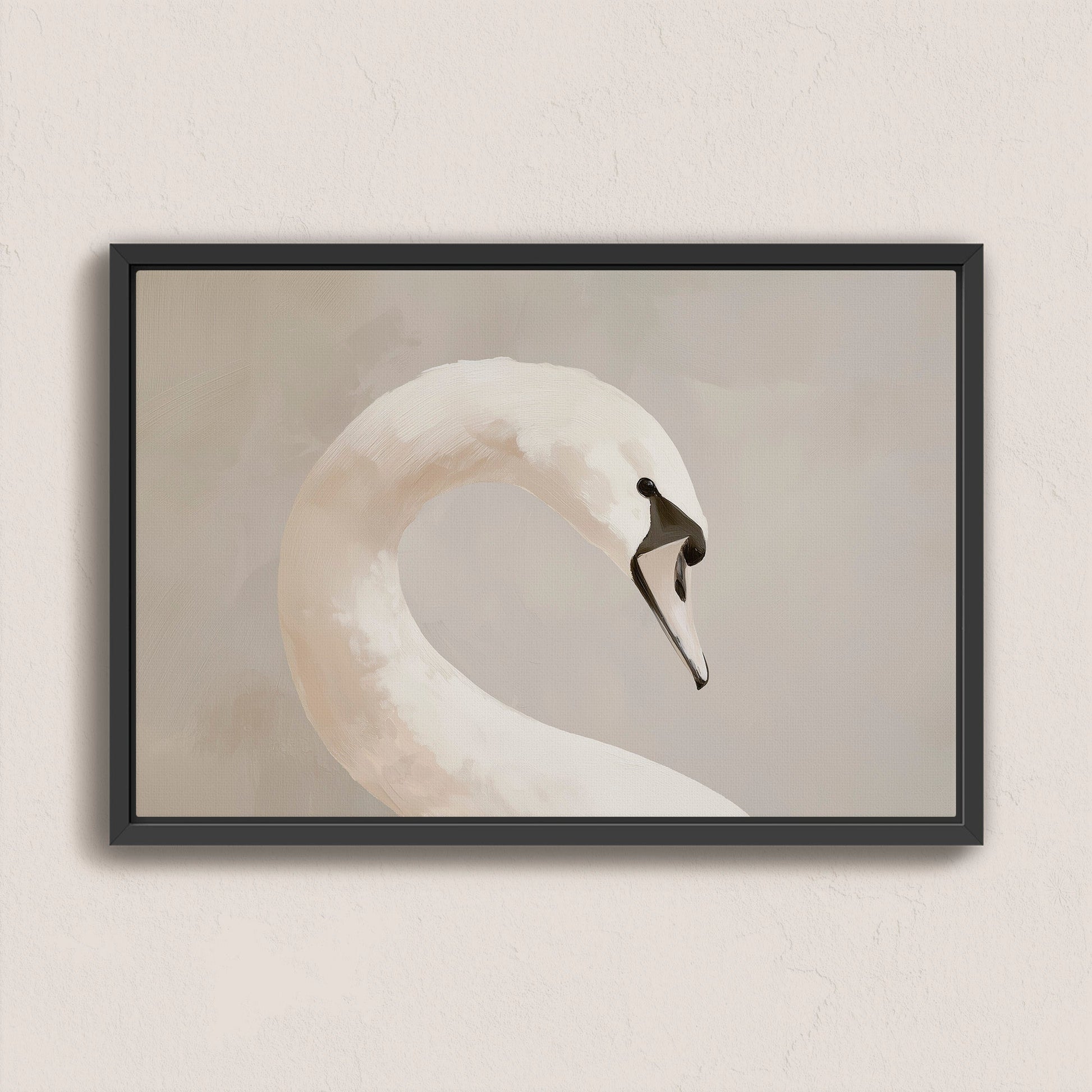 Lumine Canvas Print of a graceful swan with soft muted tones in a black frame