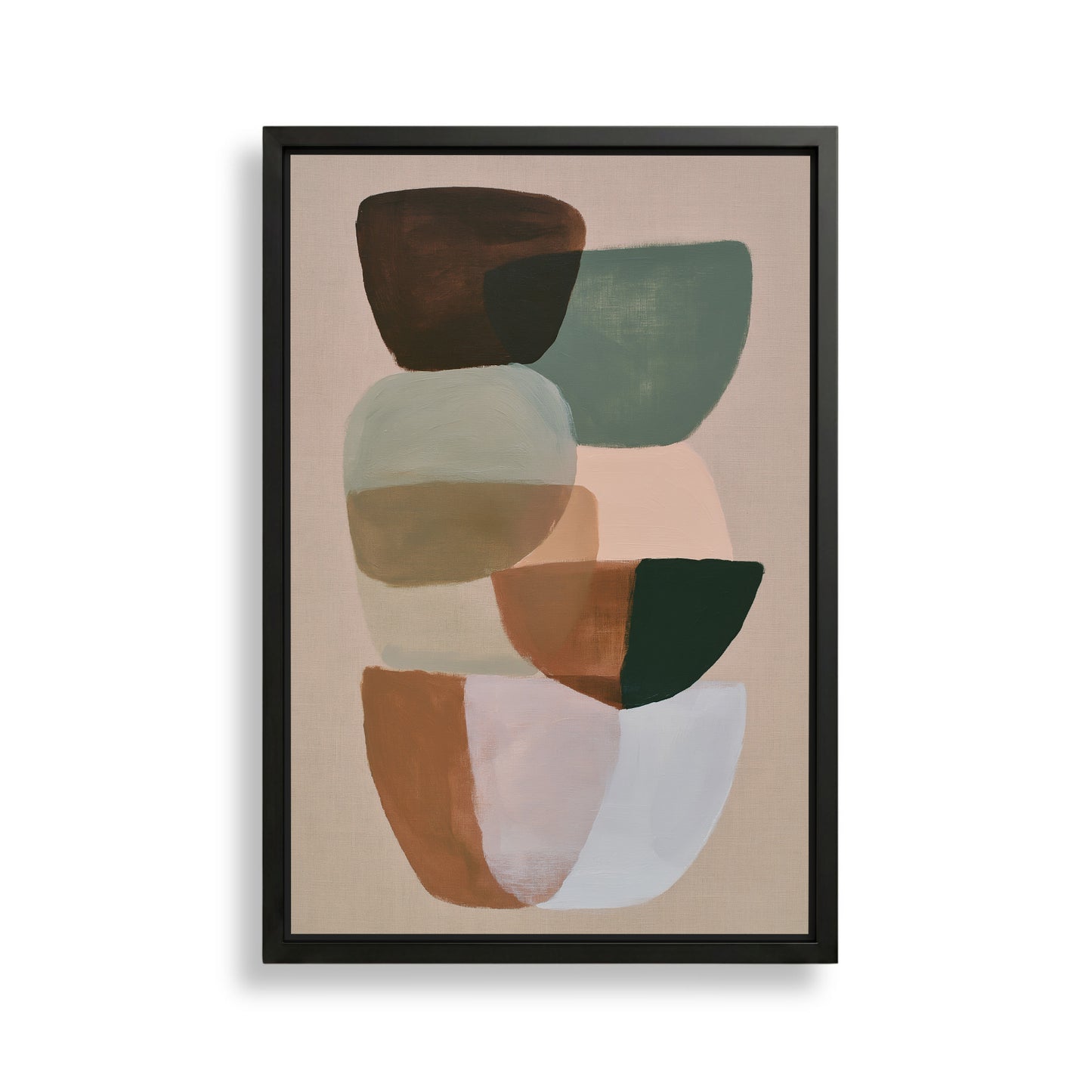 The image is a framed abstract painting featuring a variety of shapes and colors, including shades of brown, green, and white.