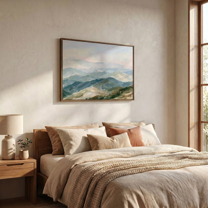 a serene bedroom scene with a large bed adorned with beige bedding and a framed landscape painting hanging above it. The painting features a mountain range with a blue sky and green trees, creating a tranquil and picturesque atmosphere.