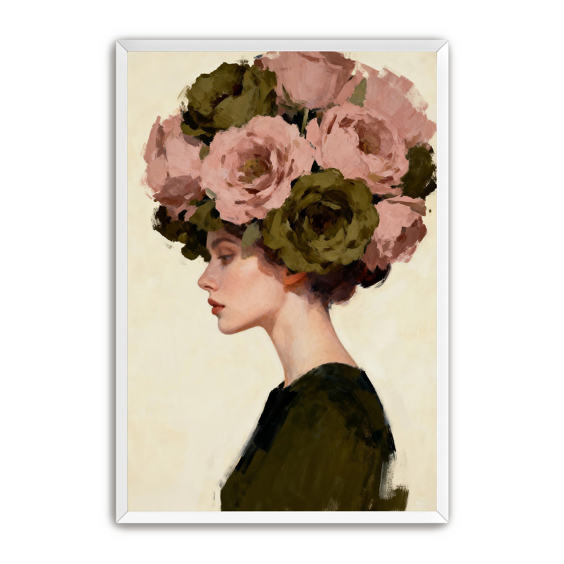 A woman with a large floral headdress is depicted in profile, wearing a dark green dress.