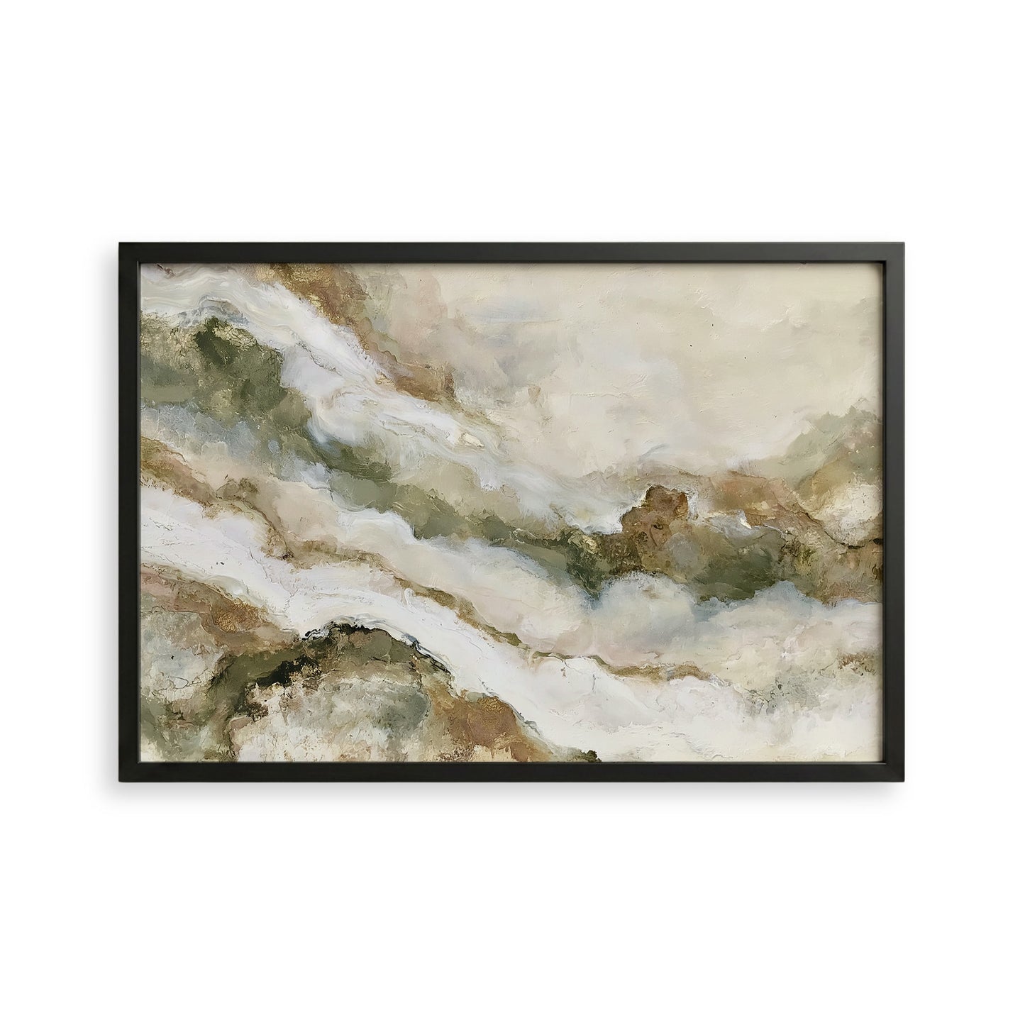 The image is a framed abstract painting with a landscape-like background featuring various shades of green, brown, and beige.