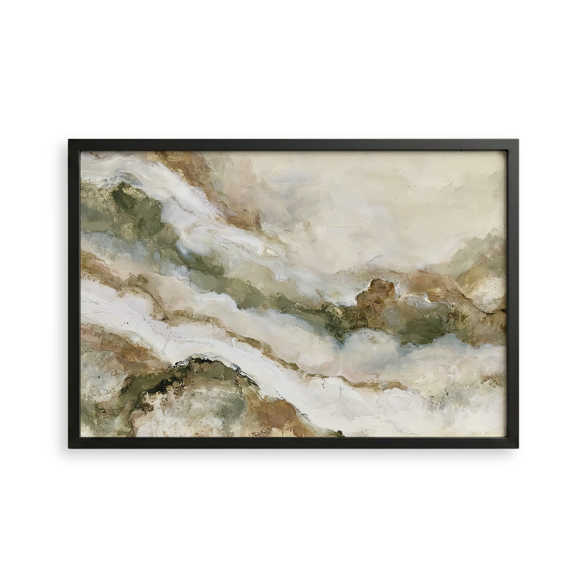The image is a framed abstract painting with a landscape-like background featuring various shades of green, brown, and beige.