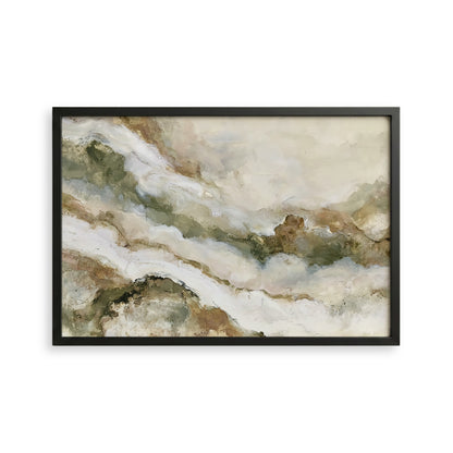 The image is a framed abstract painting with a landscape-like background featuring various shades of green, brown, and beige.
