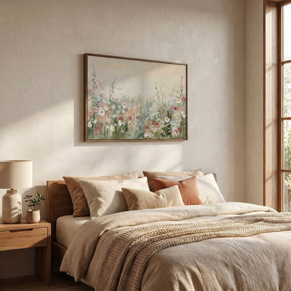 a serene and cozy bedroom with a large bed adorned with beige bedding and a framed painting of flowers hanging above it. The room has a warm and inviting atmosphere, with a window providing natural light and a lamp on a side table.