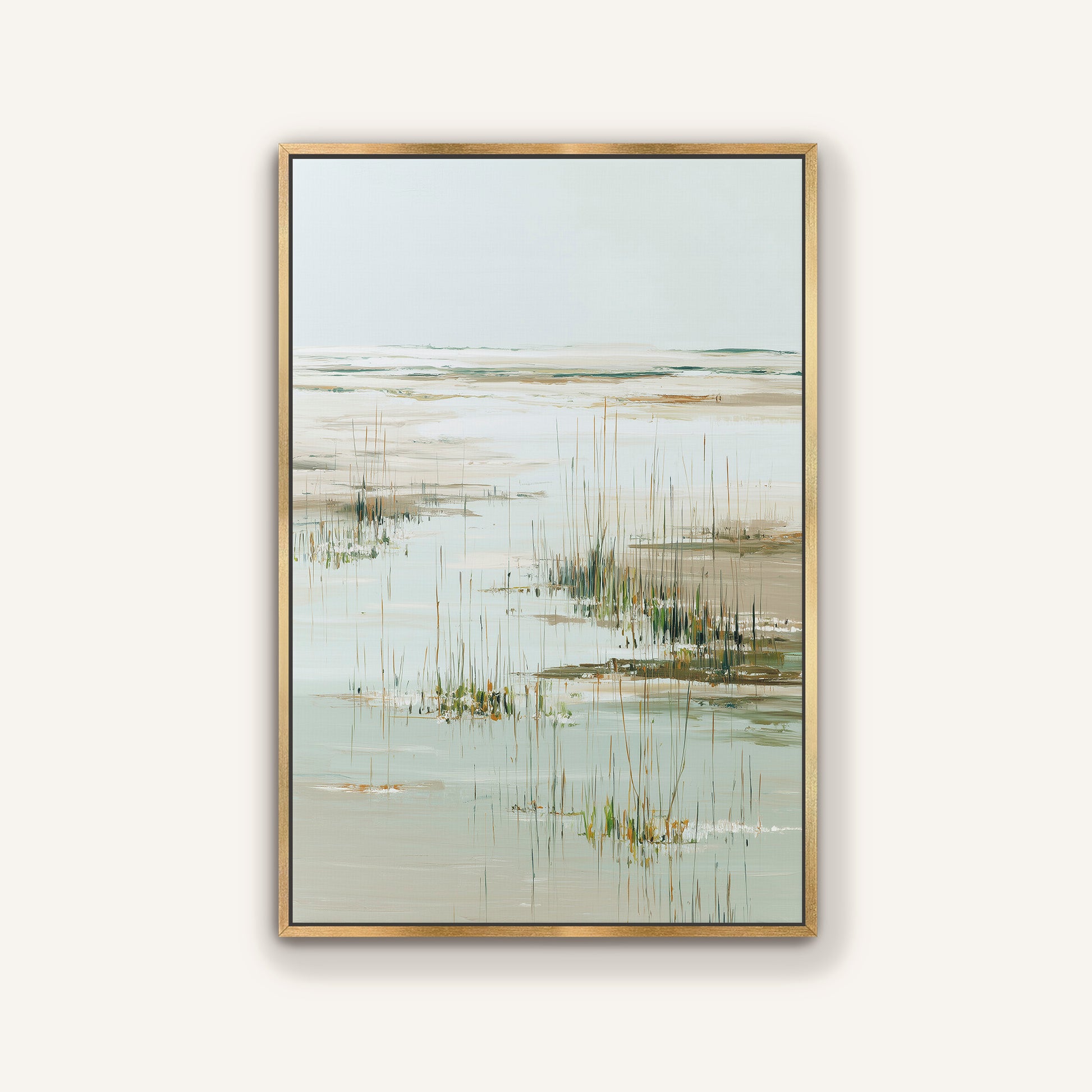 The image is a framed painting depicting a serene landscape with a body of water and tall grasses.