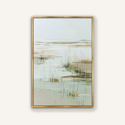 The image is a framed painting depicting a serene landscape with a body of water and tall grasses.