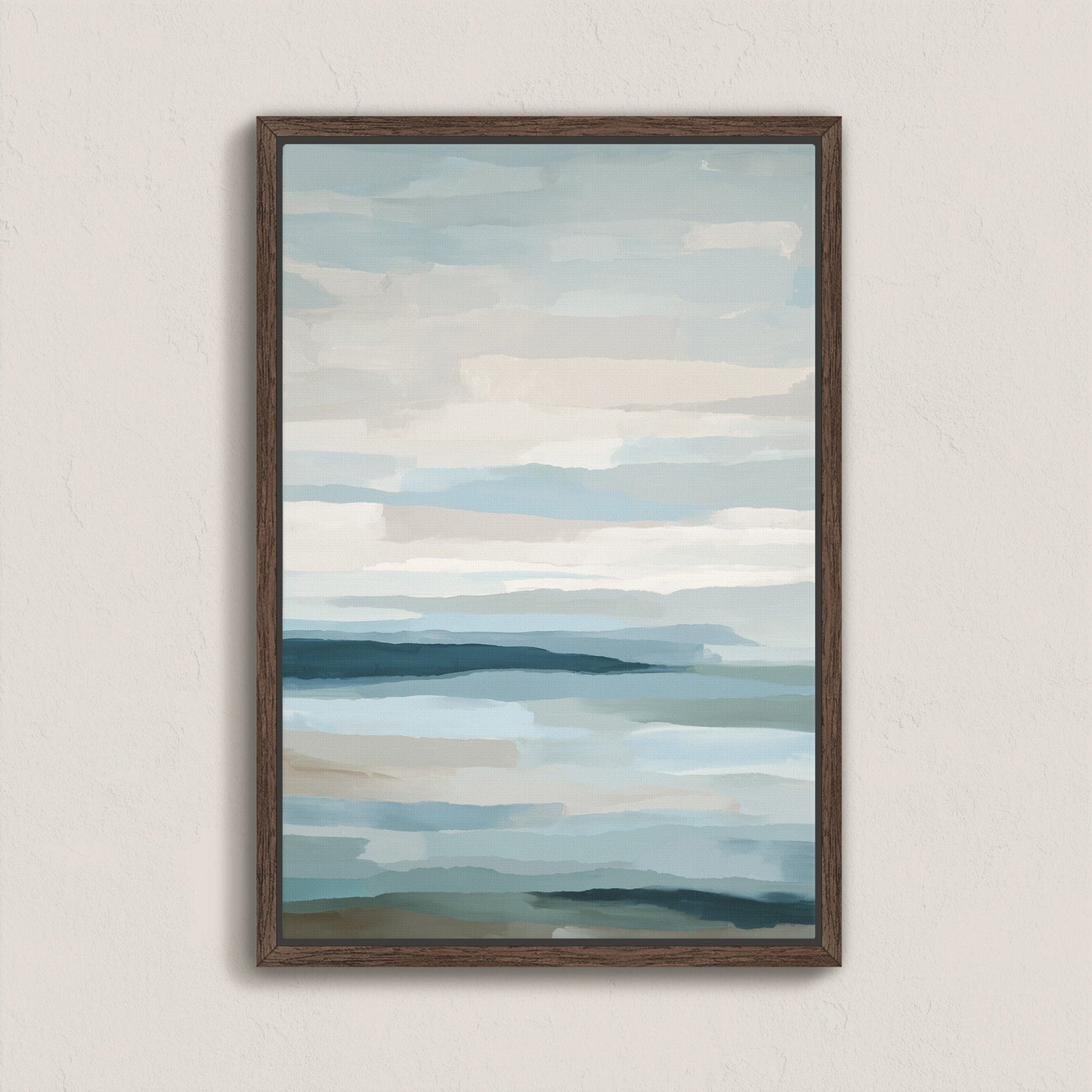 Lapse Canvas Print with soft blue and ivory coastal abstract art in a walnut frame