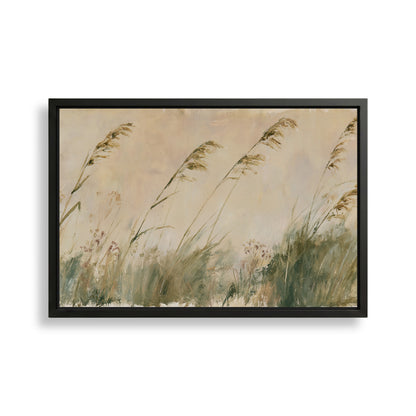 The image is a framed painting depicting tall grasses swaying in the wind.
