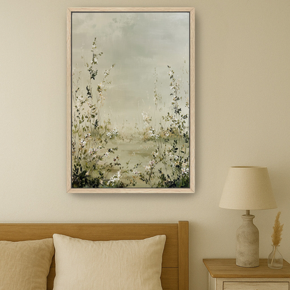 a serene bedroom scene with a large framed painting of a field of flowers hanging on the wall above a bed with a wooden headboard.