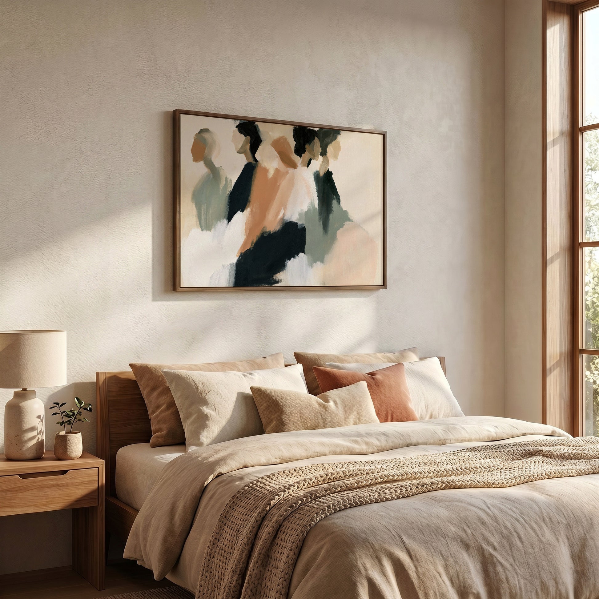a serene and cozy bedroom with a large bed adorned with beige and brown bedding, complemented by a wooden nightstand and a lamp. Above the bed, a framed abstract painting adds an artistic touch to the space.