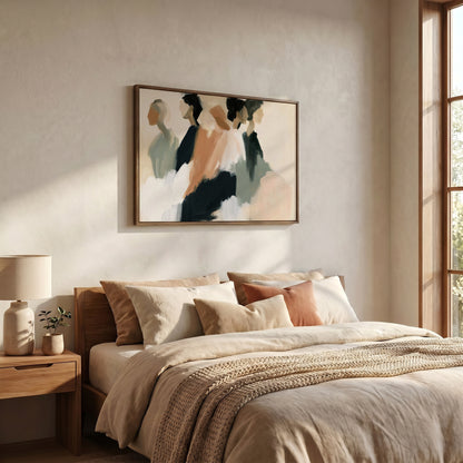 a serene and cozy bedroom with a large bed adorned with beige and brown bedding, complemented by a wooden nightstand and a lamp. Above the bed, a framed abstract painting adds an artistic touch to the space.