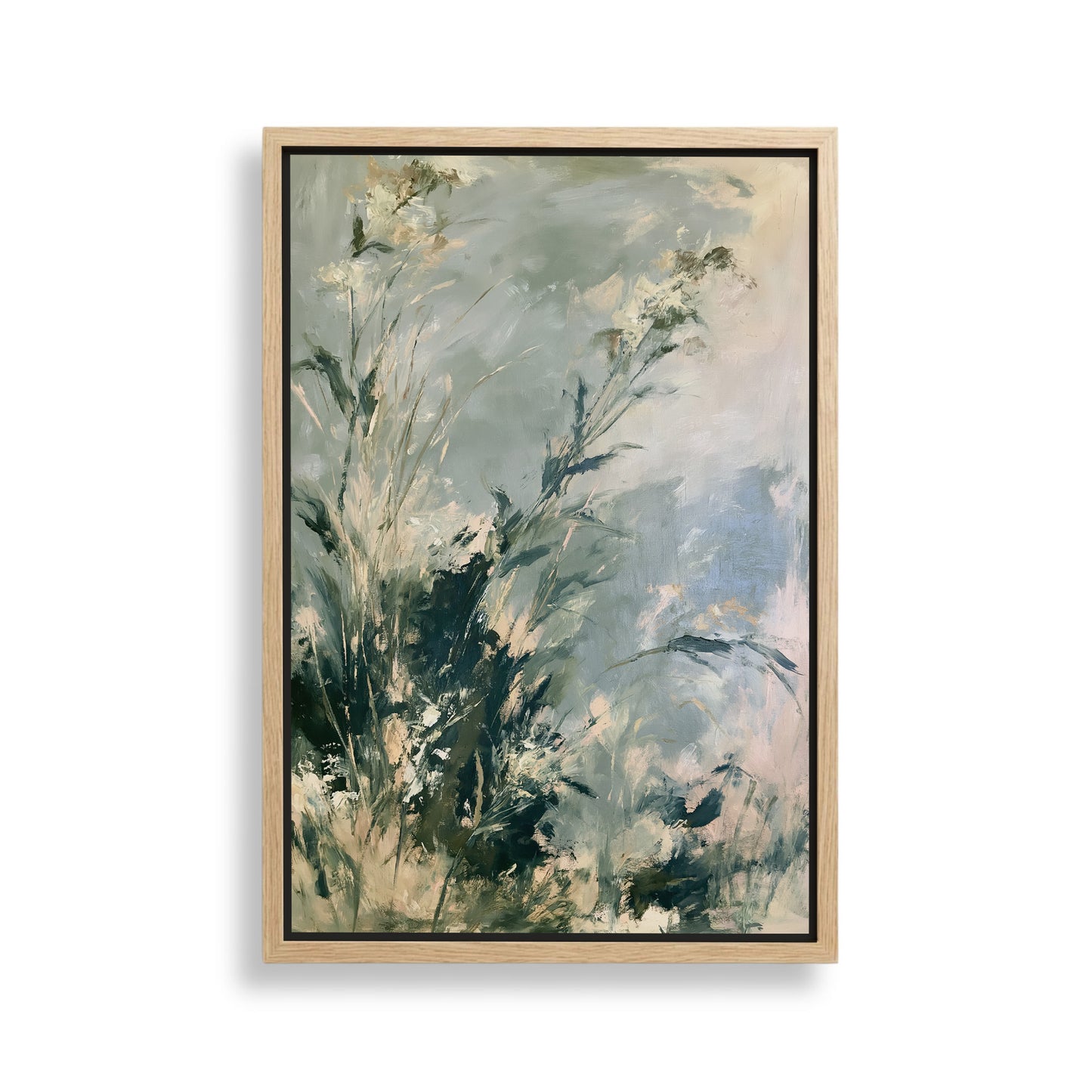 The image is an abstract painting featuring a lush, green landscape with tall grass and foliage. The painting has a predominantly green and blue color palette, creating a serene and natural atmosphere.