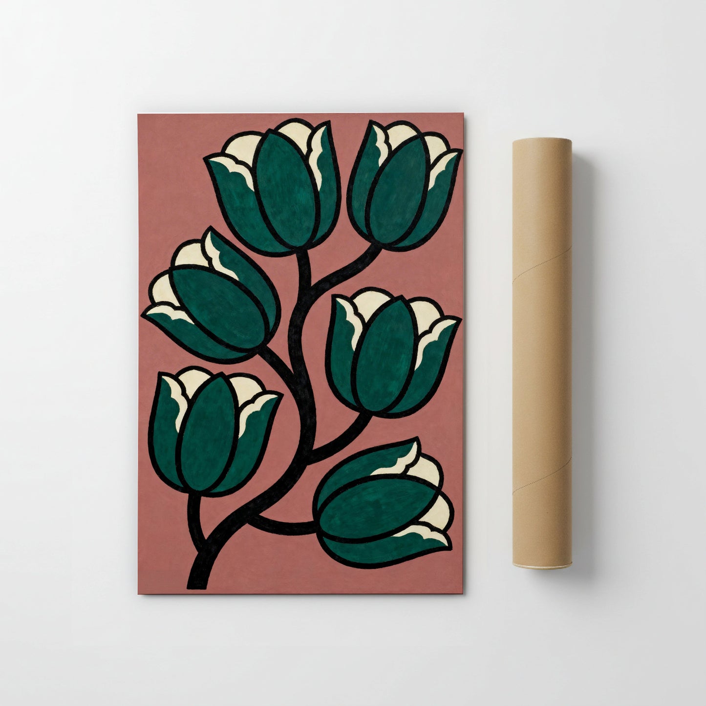 a vibrant floral design with six green tulips arranged in a symmetrical pattern on a pink background.