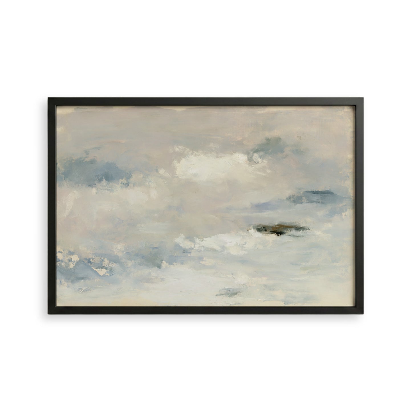 The image is a framed abstract painting depicting a cloudy sky with a sense of tranquility and serenity.