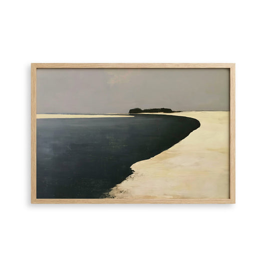 The image is a framed painting depicting a serene landscape with a body of water and a sandy beach.