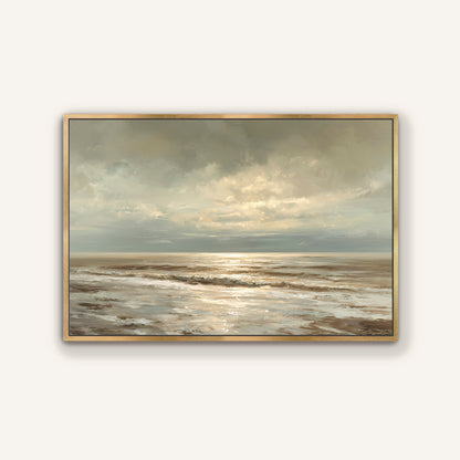 The image is a painting of a serene ocean scene with a cloudy sky above.