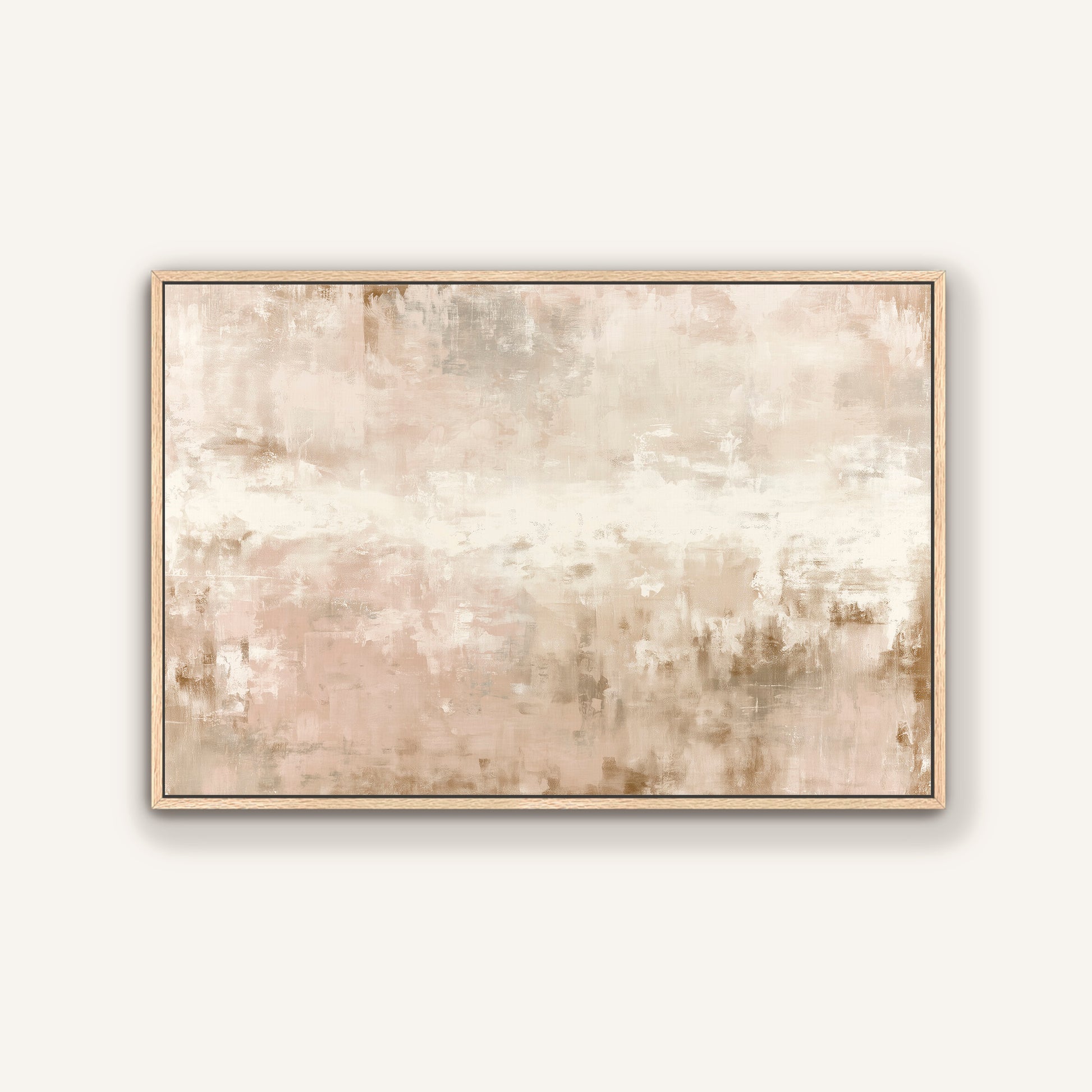 The image is a rectangular painting with a light beige and brown color palette, featuring a textured and abstract style.