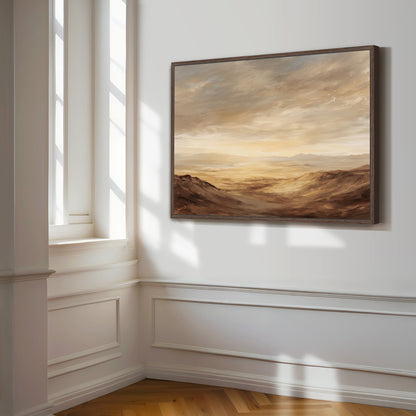 a large landscape painting hanging on a white wall in a room with a window.