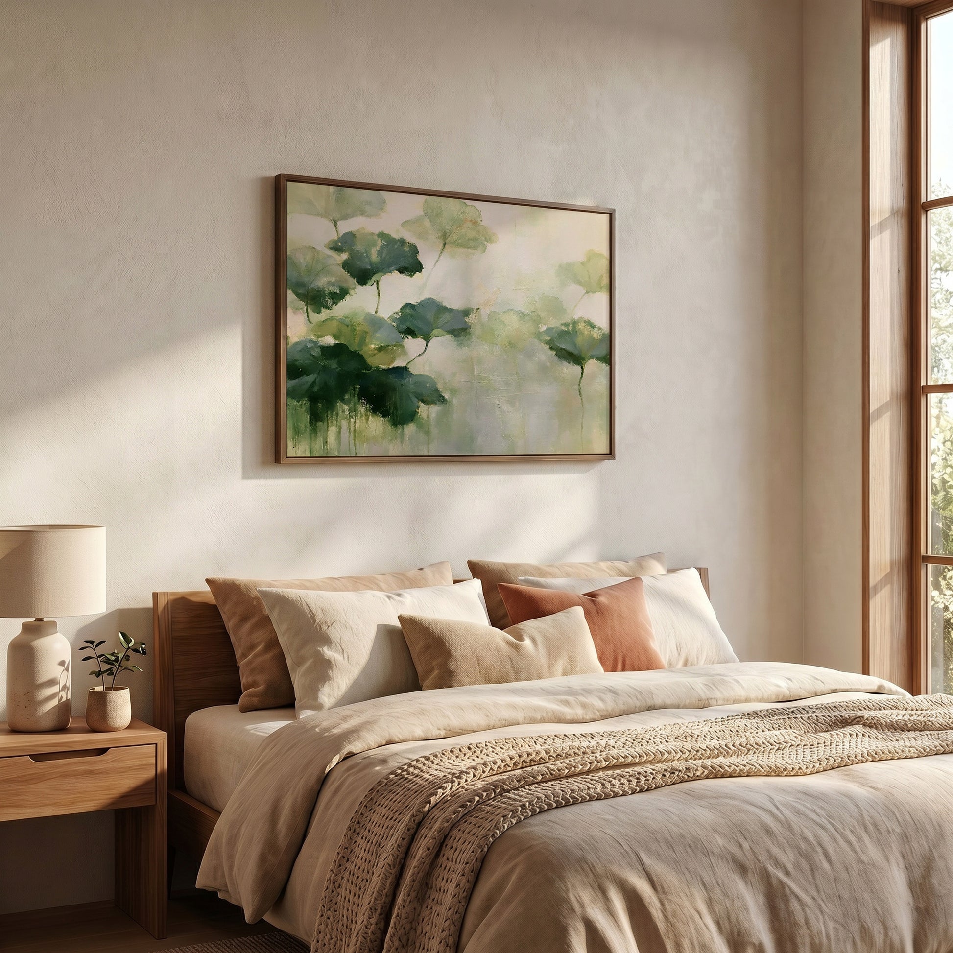 a serene and cozy bedroom with a large bed adorned with beige and brown bedding, complemented by a wooden nightstand and a lamp. Above the bed, a framed painting of green leaves adds a touch of nature to the room. The overall color scheme and arrangement of the elements create a warm and inviting atmosphere.