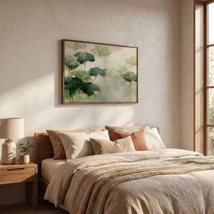 a serene and cozy bedroom with a large bed adorned with beige and brown bedding, complemented by a wooden nightstand and a lamp. Above the bed, a framed painting of green leaves adds a touch of nature to the room. The overall color scheme and arrangement of the elements create a warm and inviting atmosphere.