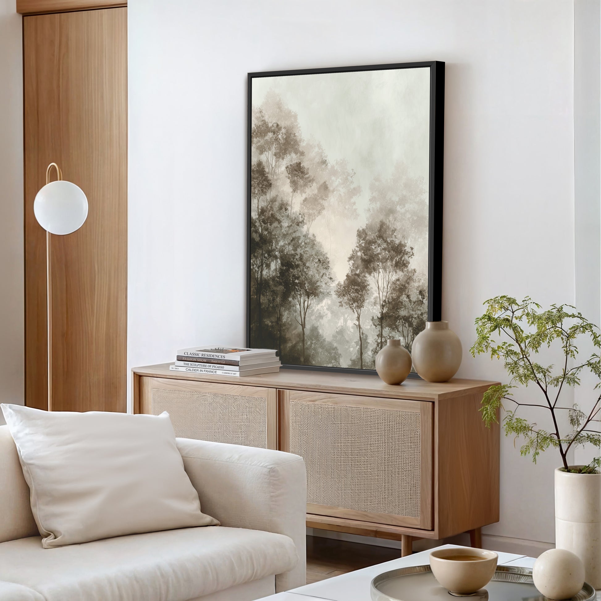 a modern living room with a large framed landscape painting hanging on the wall above a wooden cabinet. The room is furnished with a white sofa, a coffee table, and a potted plant.