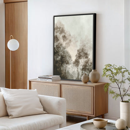 a modern living room with a large framed landscape painting hanging on the wall above a wooden cabinet. The room is furnished with a white sofa, a coffee table, and a potted plant.
