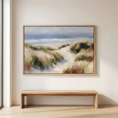 a large painting of a beach scene hanging on a wall above a wooden bench.