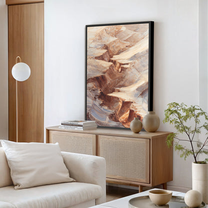 a modern living room with a large abstract painting hanging on the wall above a wooden cabinet. The room has a white sofa, a floor lamp, and a plant on a table.