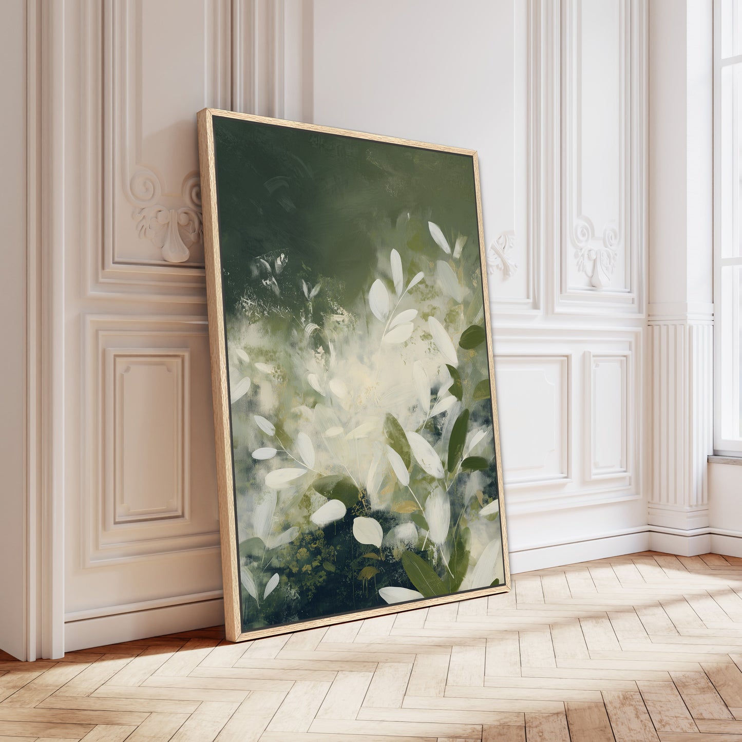 Verdure Canvas Wall Art featuring soft ivory leaves and deep green tones in a modern botanical abstract design with a natural wood frame.