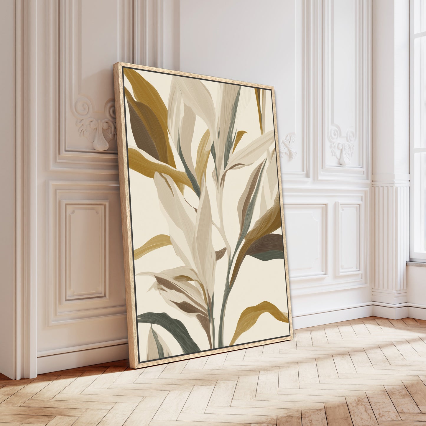 Lilt Canvas Print featuring flowing abstract leaves in earthy gold, taupe, and sage tones on archival-quality canvas with a natural wood frame.