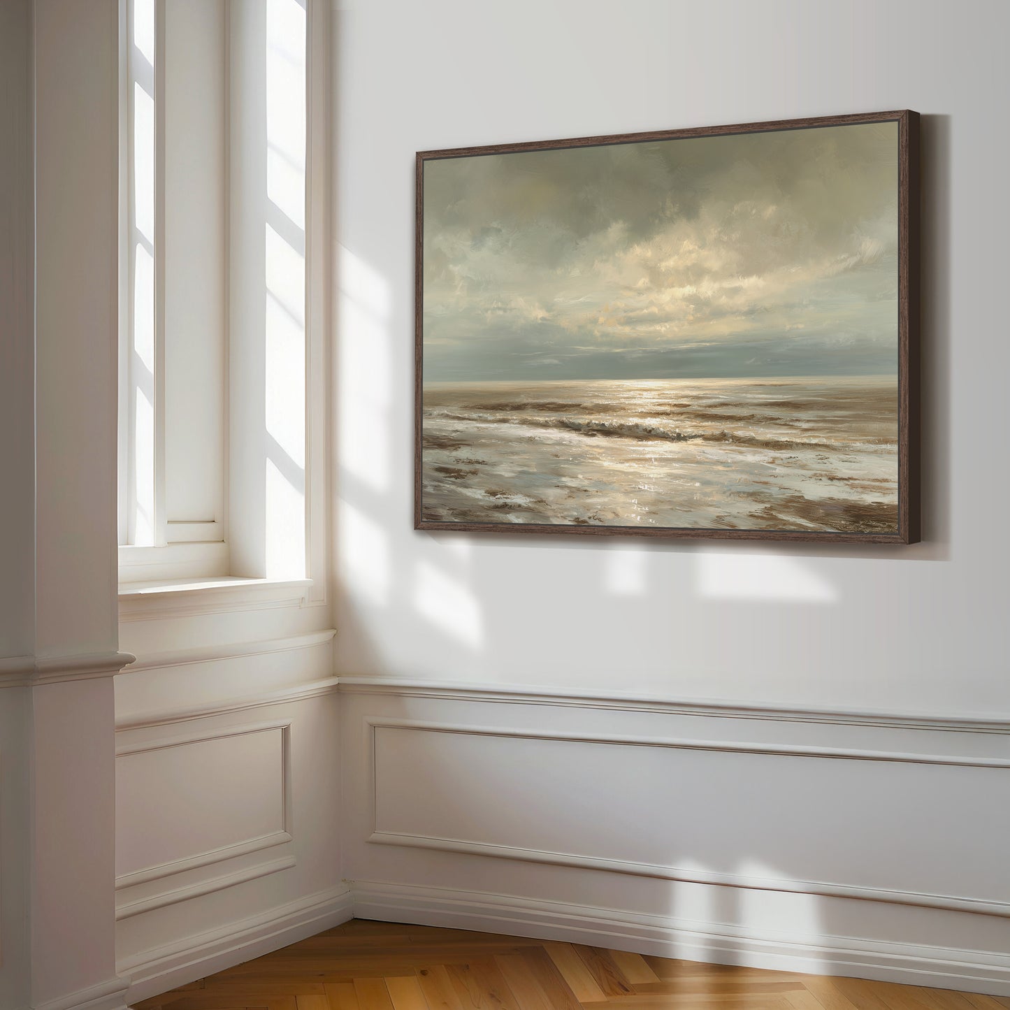 a large painting of a serene landscape hanging on a white wall in a room with a window.