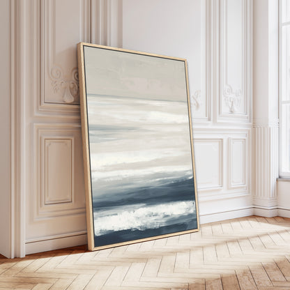 Syd Canvas Print depicting serene sea layers in ivory, sand, and indigo on archival gallery-wrapped canvas with natural wood frame, ideal for coastal and minimalist decor.