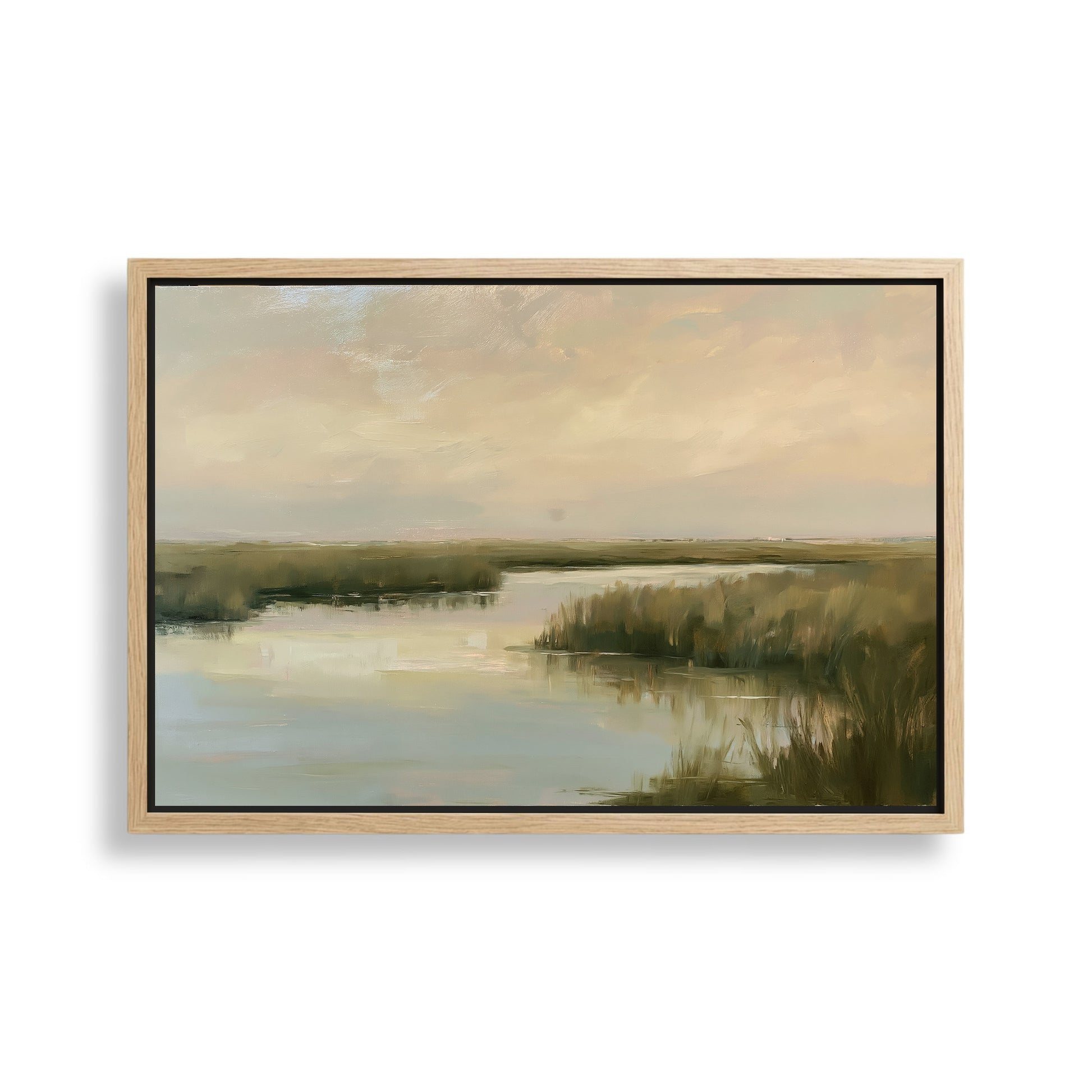 The image is a painting of a serene landscape featuring a calm body of water surrounded by lush vegetation.