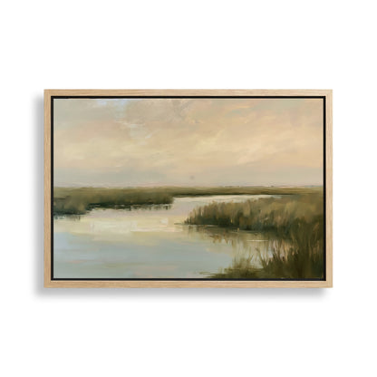 The image is a painting of a serene landscape featuring a calm body of water surrounded by lush vegetation.
