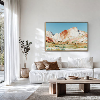 a serene living room with a large painting of a mountain landscape hanging on the wall. The room is decorated with a white sofa, a wooden coffee table, and a potted plant. The overall atmosphere of the room is calm and inviting, with the natural elements of the painting and the indoor plants contributing to the peaceful ambiance.