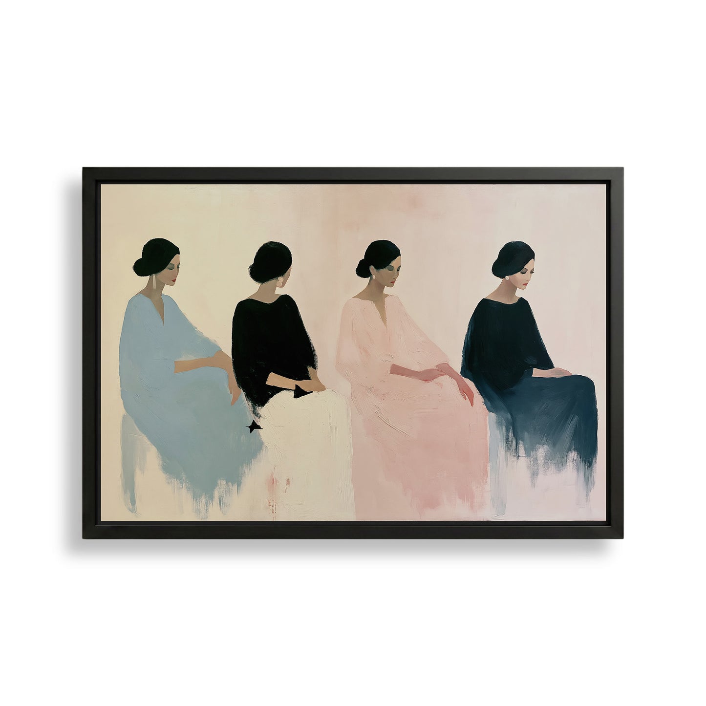 The image is a framed painting depicting four stylized female figures in various poses, arranged in a row.