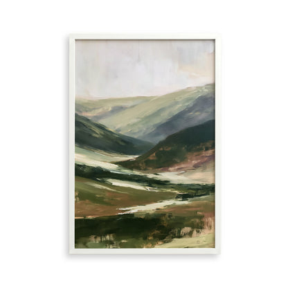 The image is a landscape painting depicting a mountainous, hilly terrain with a winding path through the valley.