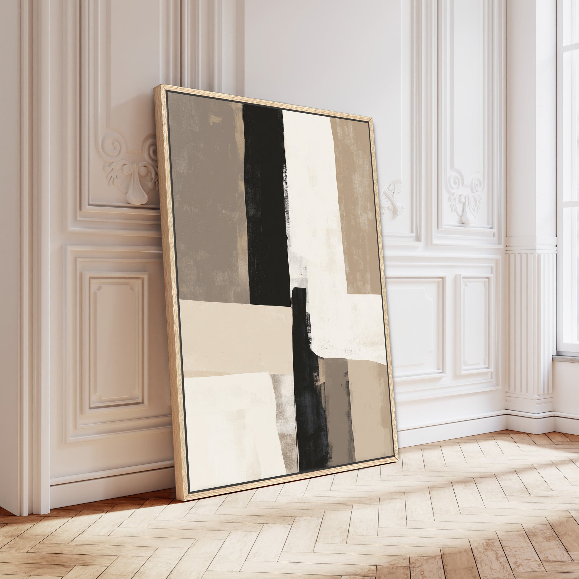 Abstract Align Canvas Print with layered neutral tones and geometric shapes in a minimalist room setting