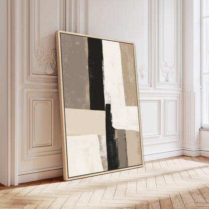 Abstract Align Canvas Print with layered neutral tones and geometric shapes in a minimalist room setting