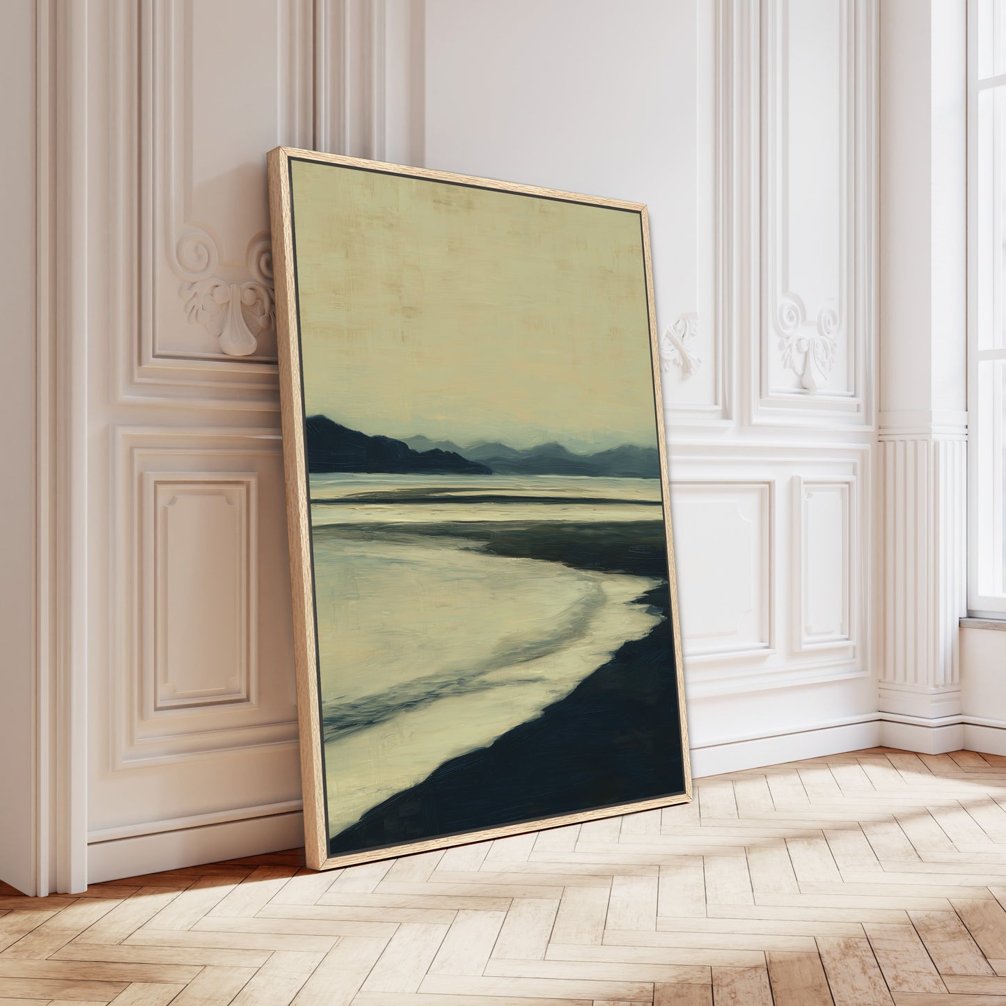 Echoes Canvas Print showing hazy blues and ochre tones of a calm shoreline at dusk in a minimal wooden frame