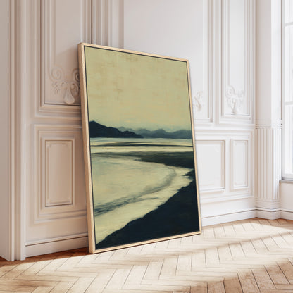 Echoes Canvas Print showing hazy blues and ochre tones of a calm shoreline at dusk in a minimal wooden frame