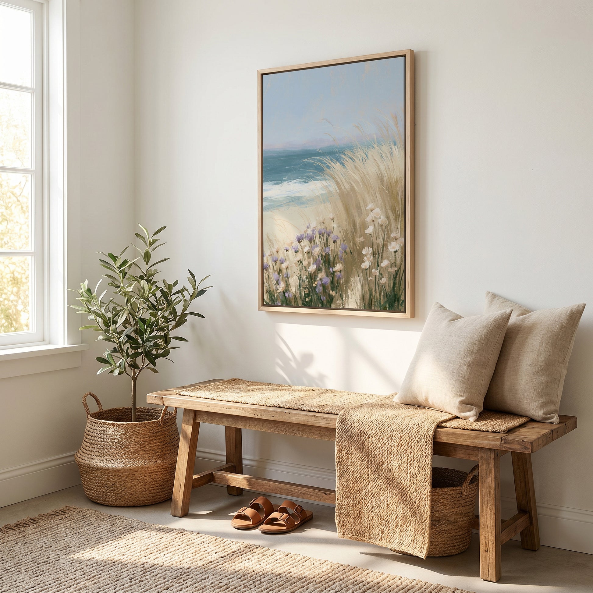 a serene and cozy living space with a wooden bench, a woven basket, and a potted plant. Above the bench, there is a framed painting depicting a beach scene with tall grasses and flowers. The room has white walls and a large window that allows natural light to fill the space, creating a warm and inviting atmosphere.