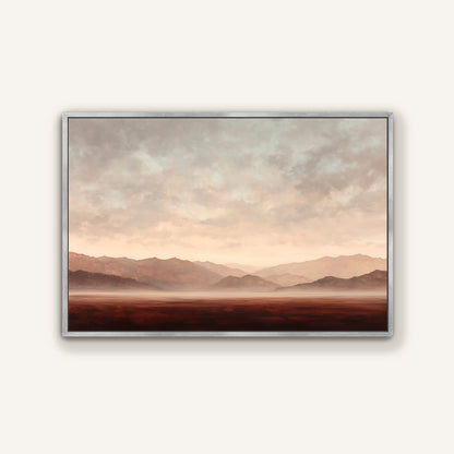 a serene landscape with mountains in the distance, a hazy sky, and a vast, open field.