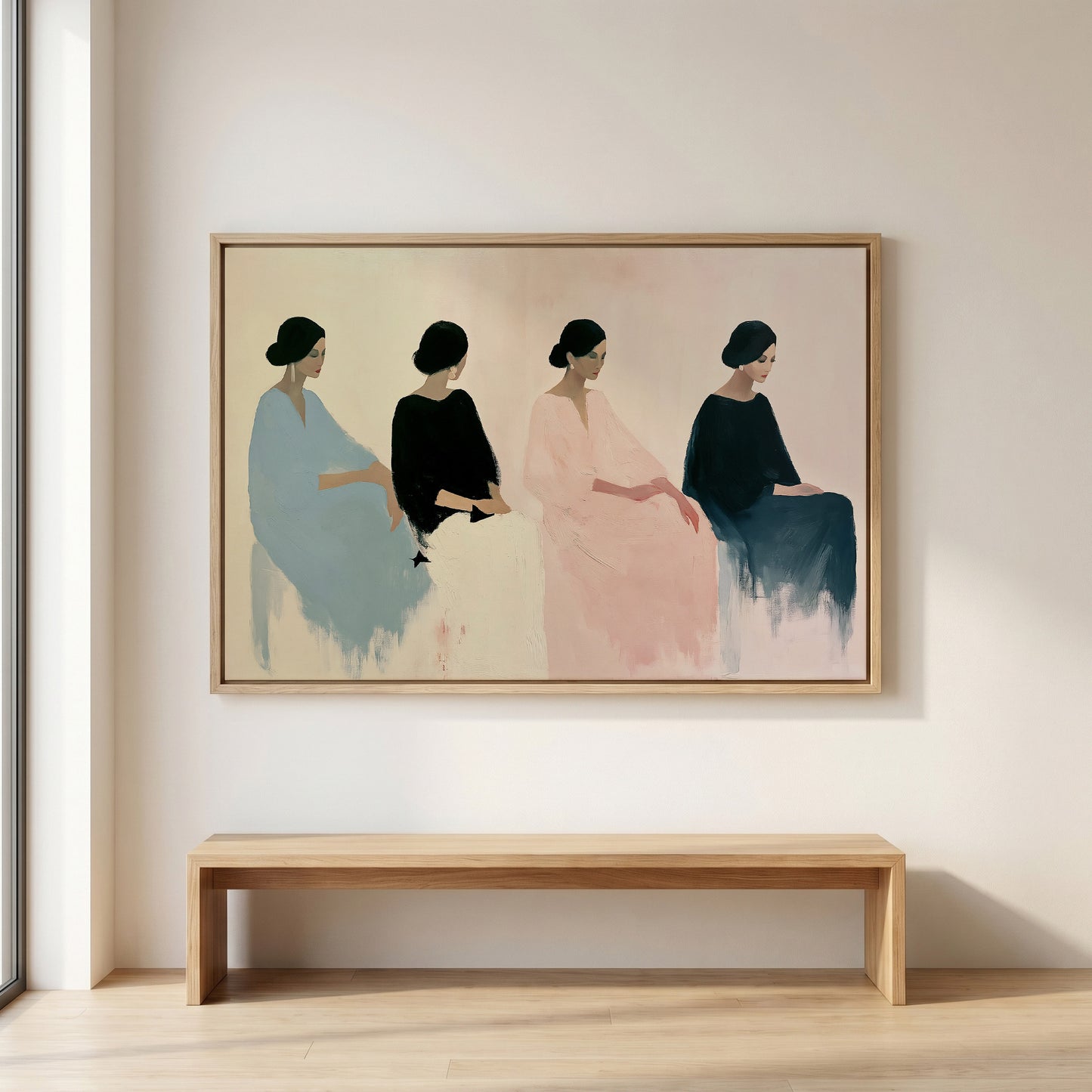 a large painting of four women in different colored dresses, displayed on a wall above a wooden bench.