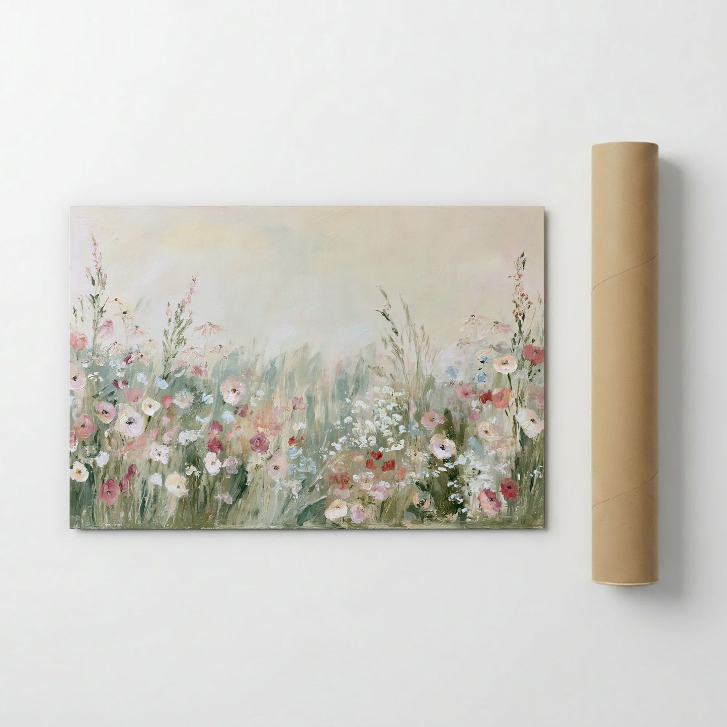 The image is a painting of a field of flowers, with a variety of colors and shapes.