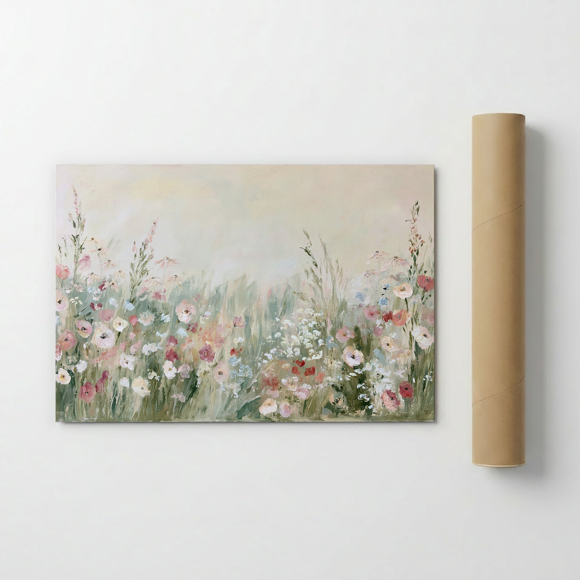 The image is a painting of a field of flowers, with a variety of colors and shapes.