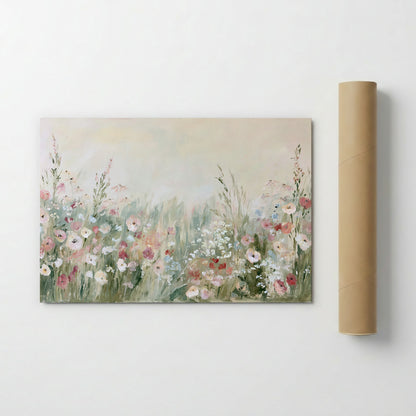 The image is a painting of a field of flowers, with a variety of colors and shapes.