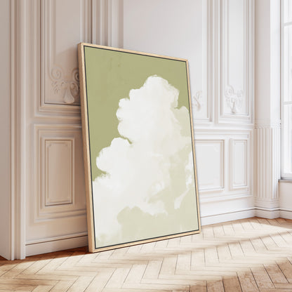 Rise Canvas Wall Art featuring a soft white cloud on muted sage background in a natural wood frame, perfect for modern interiors